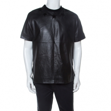 Pre Owned Givenchy Black Star Embroidered Leather Crew Neck T-Shirt M 