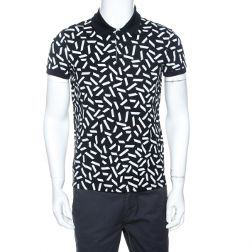 Pre Owned Saint Laurent Black and White Confetti Printed Pique Cotton Polo T Shirt L