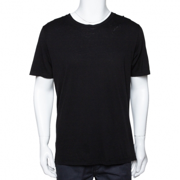 Pre Owned Saint Laurent Black Cotton Signature Logo Embroidered Round Neck T Shirt M