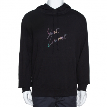 Pre Owned Saint Laurent Paris Black Distressed Knit Animalier Signature Print Hoodie L 