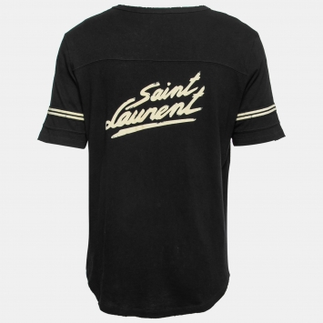 Pre Owned Saint Laurent Black Contrast Trim Detailed Distressed Cotton T-Shirt M
