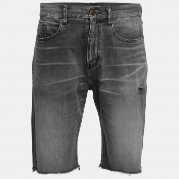 Pre Owned Saint Laurent Paris Grey Distressed Denim Bermuda Shorts L