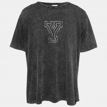 Pre Owned Saint Laurent Paris Grey Y Print Washed Cotton Crew Neck T-Shirt L