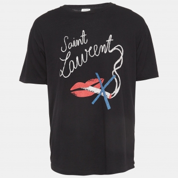Pre Owned Saint Laurent Paris Black Printed Cotton Crew Neck T-Shirt M