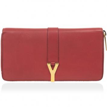 Pre Owned Saint Laurent Lipstick Red Leather Classic Y Zip Around Wallet