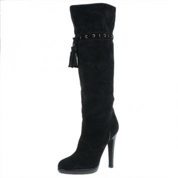 Pre Owned Saint Laurent Paris Black Suede Chelsea Tassel Knee Boots Size 40