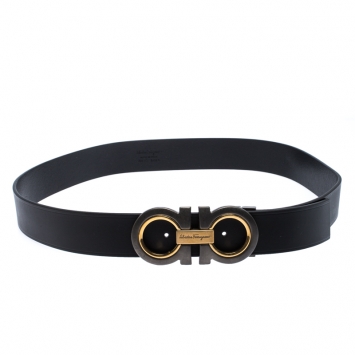 Pre Owned Salvatore Ferragamo Black Leather Gancini Belt 105CM