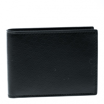 Pre Owned Salvatore Ferragamo Black Leather Logo Embossed Bifold Wallet
