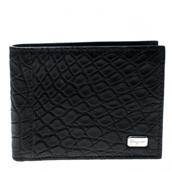 Pre Owned Salvatore Ferragamo Black Croc Bi-fold Wallet 