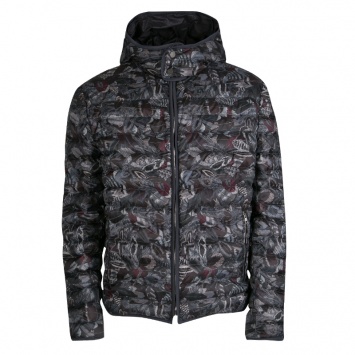 Pre Owned Salvatore Ferragamo Feather Print Hooded Zip Front Quilted Down Jacket XL