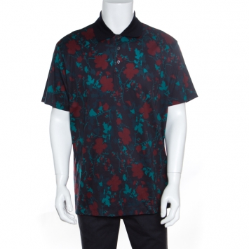 Pre Owned Salvatore Ferragamo Black Cherry Floral Printed Cotton Polo T-Shirt XXL
