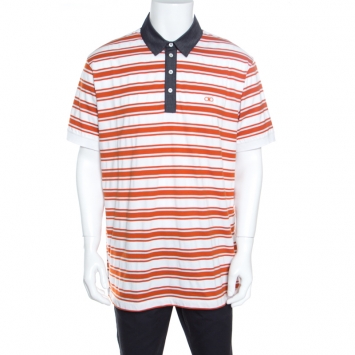 Pre Owned Salvatore Ferragamo Orange Striped Cotton Chambray Collar Detail Polo T-Shirt XXL