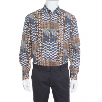 Pre Owned Salvatore Ferragamo Brown Abstract Chevron Printed Button Front Shirt L
