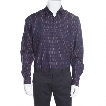 Pre Owned Salvatore Ferragamo Navy Blue Cotton Jacquard Long Sleeve Shirt L