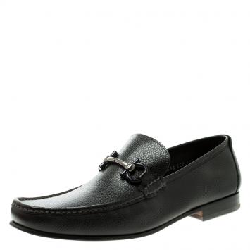 Pre Owned Salvatore Ferragamo Black Pebbled Leather Giordano Moccassins Size 44.5