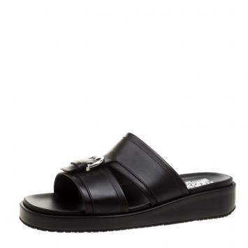Pre Owned Salvatore Ferragamo Brown Leather Lutfi Slides Size 42