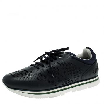 مملوكة مسبقًا Salvatore Ferragamo Navy Blue Perforated Leather Mustang Sneakers Size 44.5