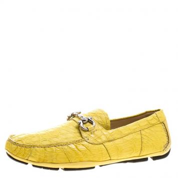 Pre Owned Salvatore Ferragamo Yellow Crocodile Leather Parigi Bit Loafers Size 42.5