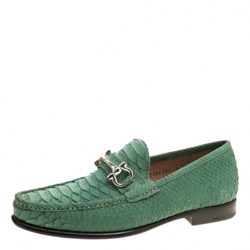 Pre Owned Salvatore Ferragamo Green Python Leather Mason Loafers Size 42