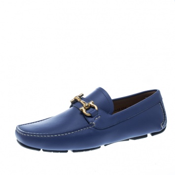 مملوكة مسبقًا Salvatore Ferragamo Blue Leather Parigi Gancini Driver Loafers Size 41