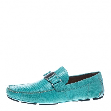 Pre Owned Salvatore Ferragamo Aqua Green Lizard Sardegna Loafers Size 42