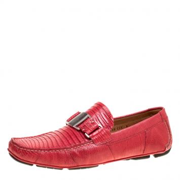 Pre Owned Salvatore Ferragamo Coral Red Lizard Sardegna Loafers Size 42