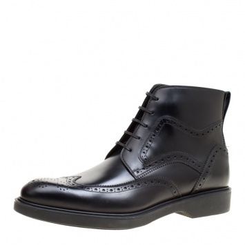 Pre Owned Salvatore Ferragamo Black Brogue Leather Gaiano Wing Tip Ankle Boots Size 42.5