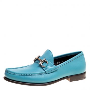 Pre Owned Salvatore Ferragamo Blue Leather Mason Gancio Bit Loafers Size 42