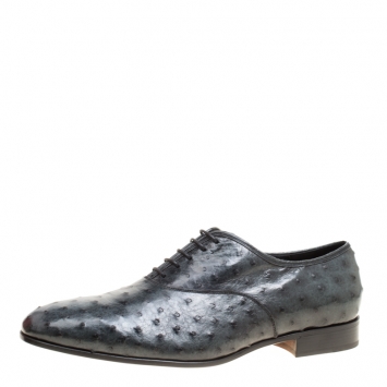 Pre Owned Salvatore Ferragamo Slate Grey Ostrich Leather Gris Oxfords Size 45