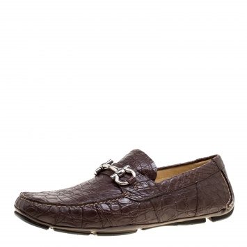 Pre Owned Salvatore Ferragamo Brown Crocodile Leather Parigi Bit Loafers Size 45