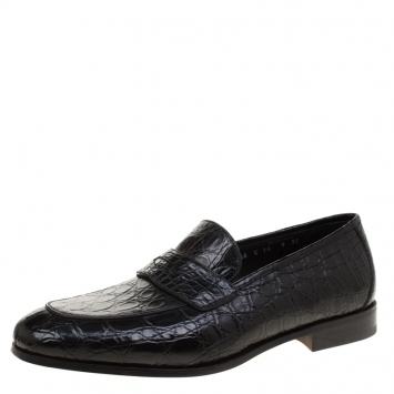 Pre Owned Salvatore Ferragamo Black Crocodile Leather Pablo Penny Loafers Size 43