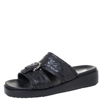 Pre Owned Salvatore Ferragamo Black Ostrich Leather Lutfi Platform Slides Size 40