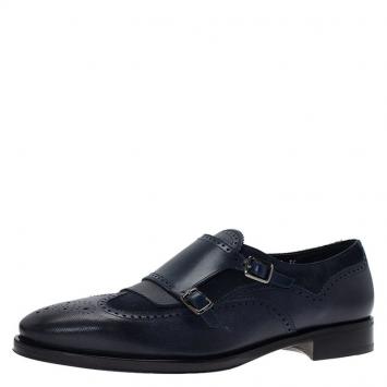 Pre Owned Salvatore Ferragamo Navy Blue Leather Marlin Brogue Fringe Monk Strap Derby Size 44
