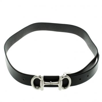 Pre Owned Salvatore Ferragamo Black Leather Double Gancini Parigi Buckle Belt 90cm