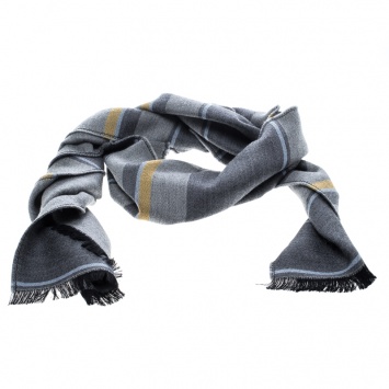 Pre Owned Salvatore Ferragamo Grey Striped Wool and Silk Fringed Edge Muffler