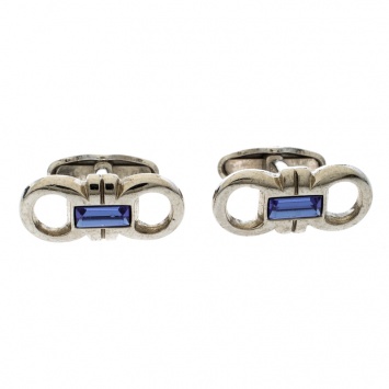 Pre Owned Salvatore Ferragamo Blue Crystal Silver Tone Double Gancio Bar Cufflinks