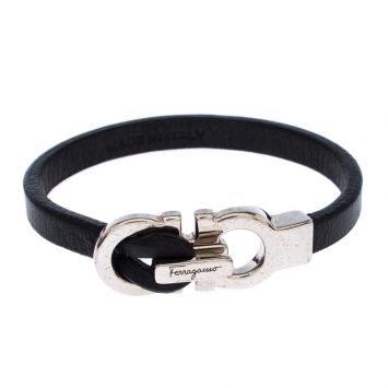 Pre Owned Salvatore Ferragamo Black Double Gancio Leather Bracelet