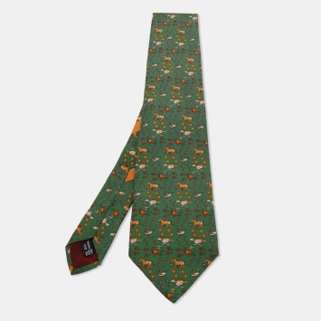 Pre Owned Salvatore Ferragamo Green Animal Print Silk Traditional Tie