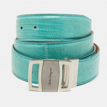 Pre Owned Salvatore Ferragamo Aqua Green Lizard Buckle Belt 105CM