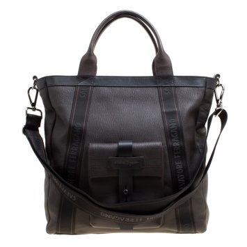 Pre Owned Salvatore Ferragamo Dark Brown Pebbled Leather Top Handle Bag