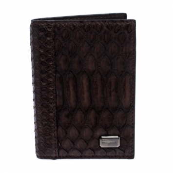 Pre Owned Salvatore Ferragamo Dark Brown Python Bifold Card Holder 