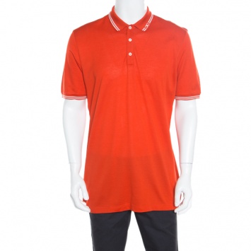Pre Owned Salvatore Ferragamo Orange Contrast Striped Trim Logo Embroidered Polo T-Shirt XXL