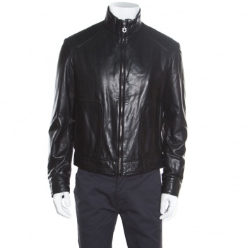 Pre Owned Salvatore Ferragamo Black Leather Quilted Shoulder Zip Front Jacket L