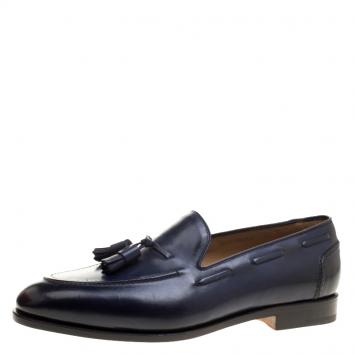 Pre Owned Salvatore Ferragamo Navy Blue Leather Loreno Tassel Loafers Size 44.5