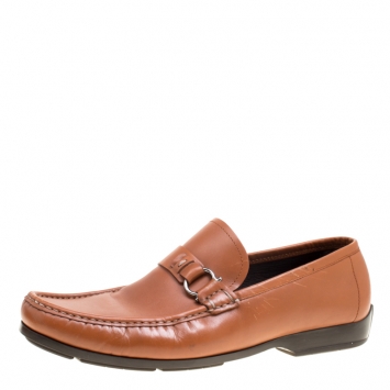 Pre Owned Salvatore Ferragamo Brown Leather Gancini Loafers Size 44.5