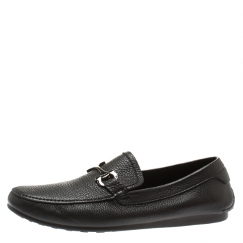Pre Owned Salvatore Ferragamo Black Pebbled Leather Cancun Loafers Size 41