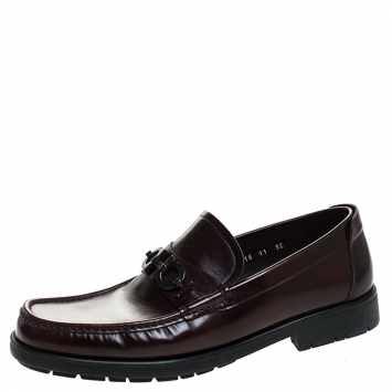 Pre Owned Salvatore Ferragamo Burgundy Leather Gancini Loafers Size 45
