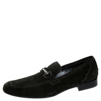 Pre Owned Salvatore Ferragamo Green Suede Gancio Bit Loafers Size 44.5