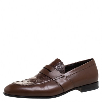 Pre Owned Salvatore Ferragamo Brown Croc Embossed Leather Penny Loafer Size 44.5