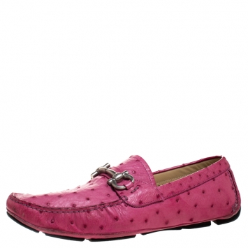 Pre Owned Salvatore Ferragamo Pink Ostrich Leather Horsebit Slip On Loafers Size 45